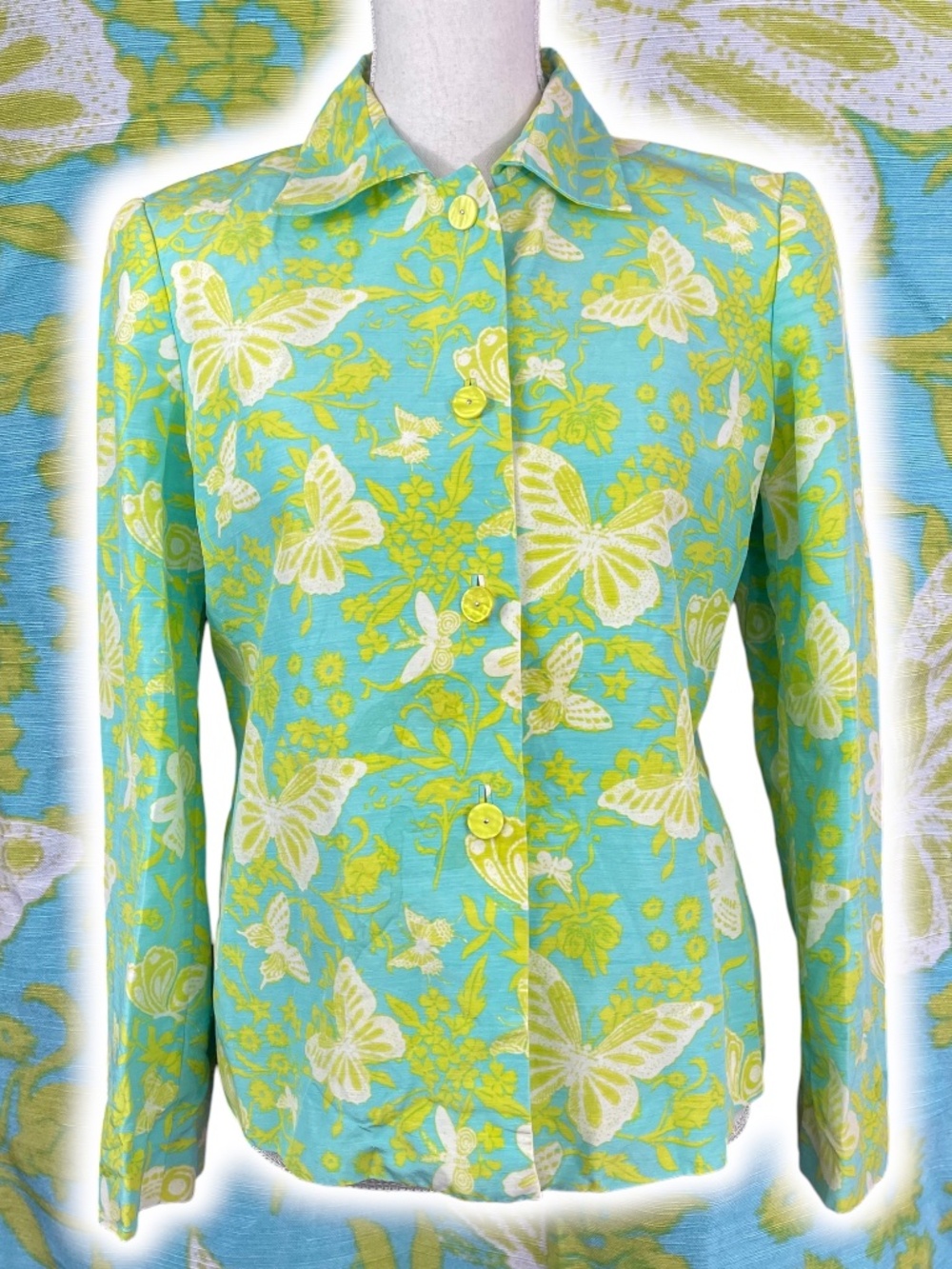 Silk Linen Butterfly Blazer 8 Button-up Jacket Collared Lime Green Aqua Blue